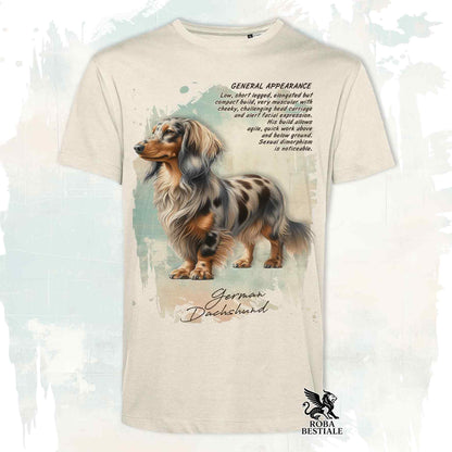 T-Shirt APPEARANCE - Harlequin Fawn Long-Haired Dachshund - White or Beige, Men's or Women's - from XS to 5XL