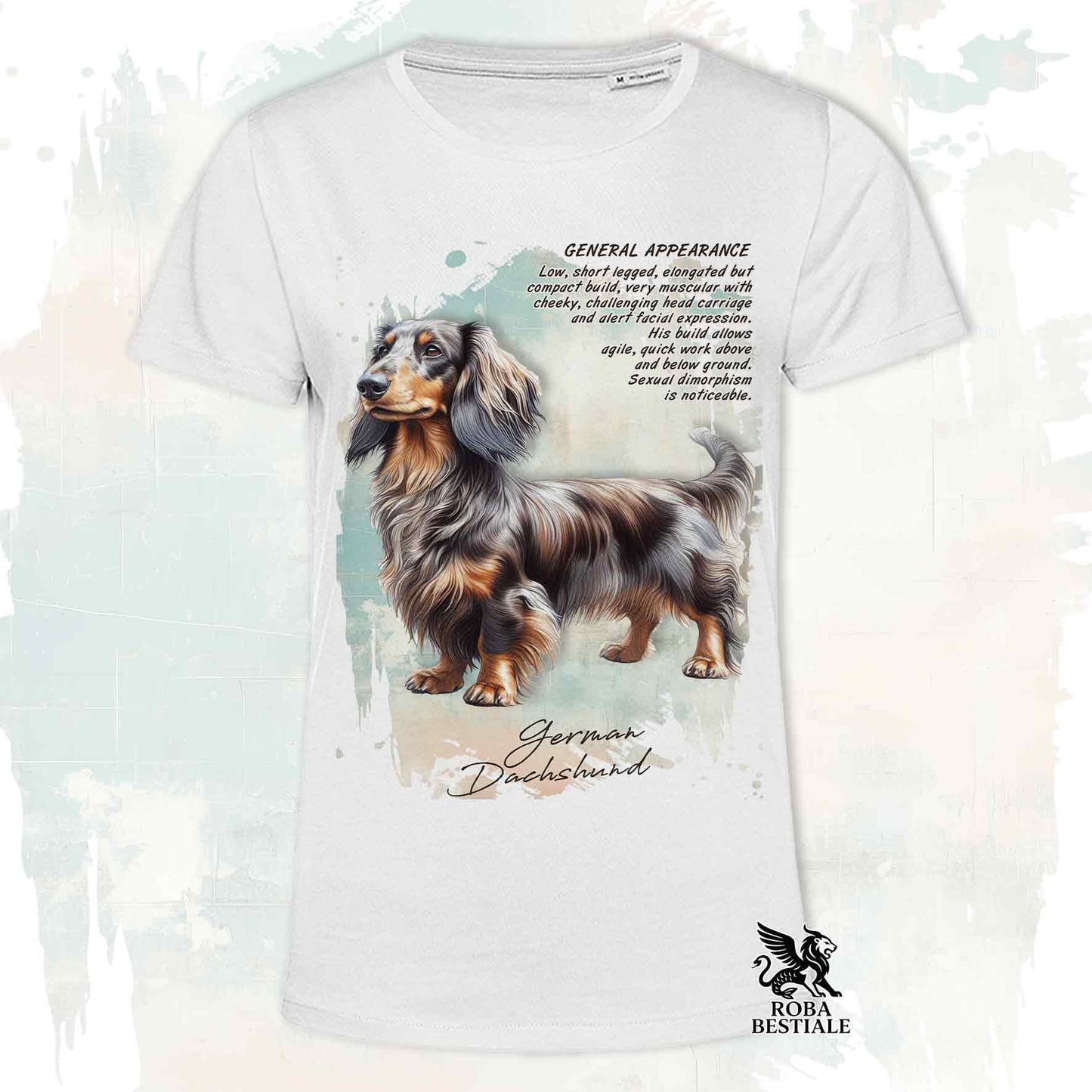 T-Shirt APPEARANCE - Long-Haired Dapple Brown Dachshund - White or Beige, Men's or Women's - XS to 5XL
