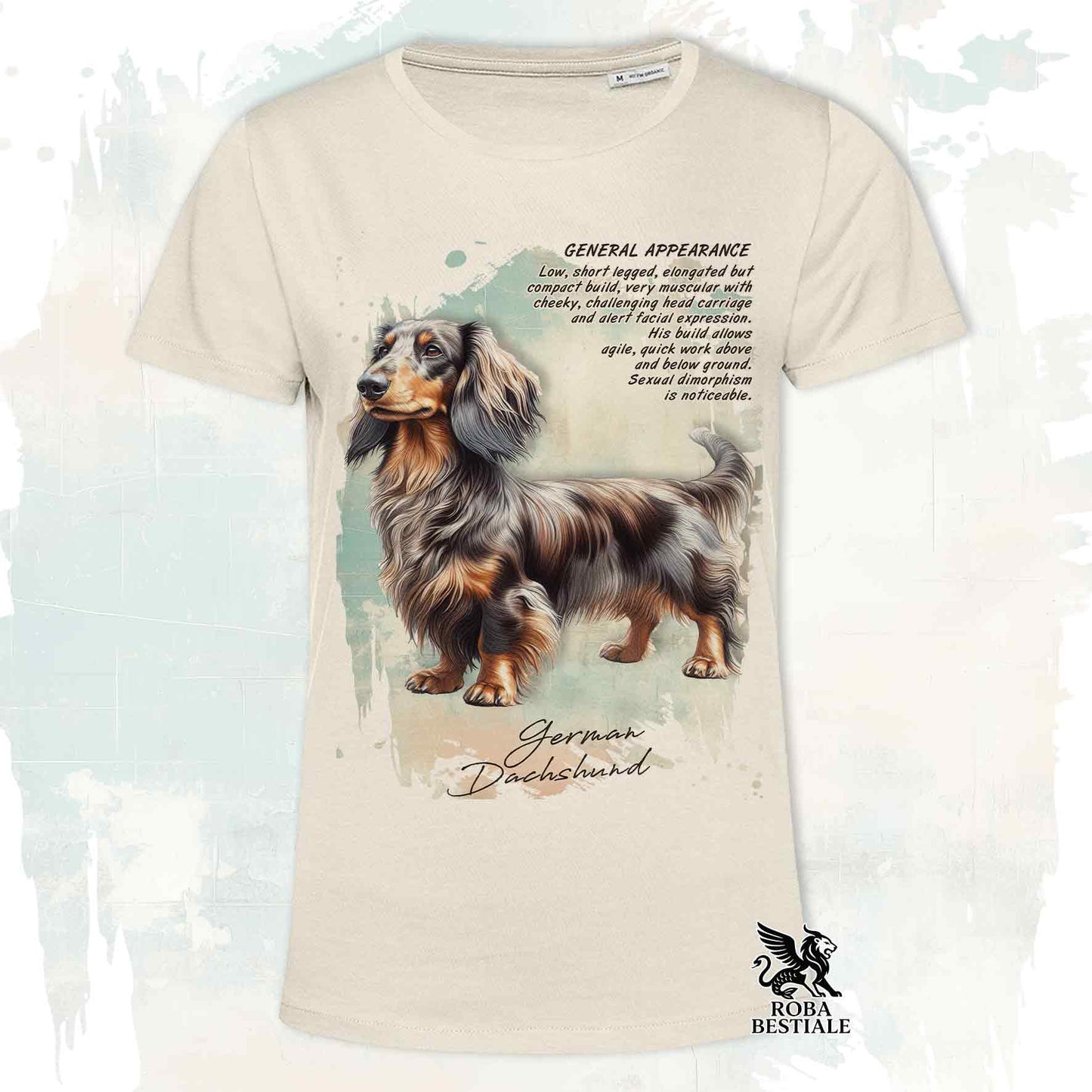 T-Shirt APPEARANCE - Long-Haired Dapple Brown Dachshund - White or Beige, Men's or Women's - XS to 5XL