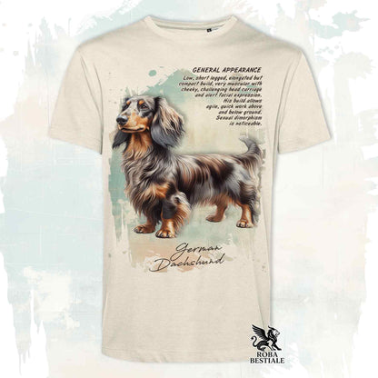 T-Shirt APPEARANCE - Long-Haired Dapple Brown Dachshund - White or Beige, Men's or Women's - XS to 5XL