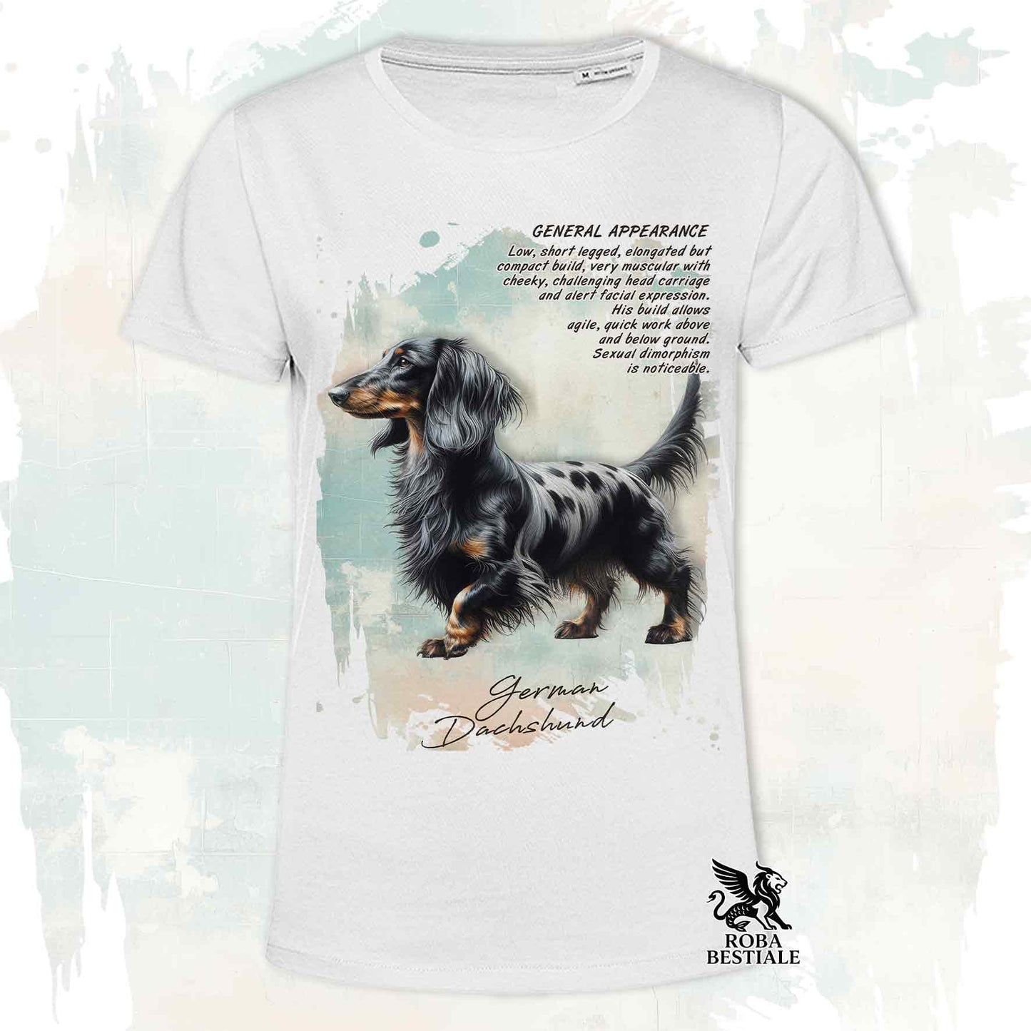 T-Shirt APPEARANCE - Long-Haired Dachshund Black Harlequin - White or Beige, Men's or Women's - from XS to 5XL