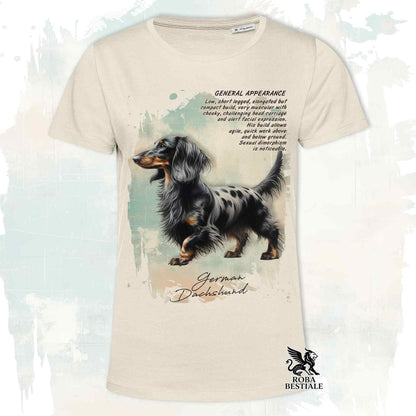 T-Shirt APPEARANCE - Long-Haired Dachshund Black Harlequin - White or Beige, Men's or Women's - from XS to 5XL