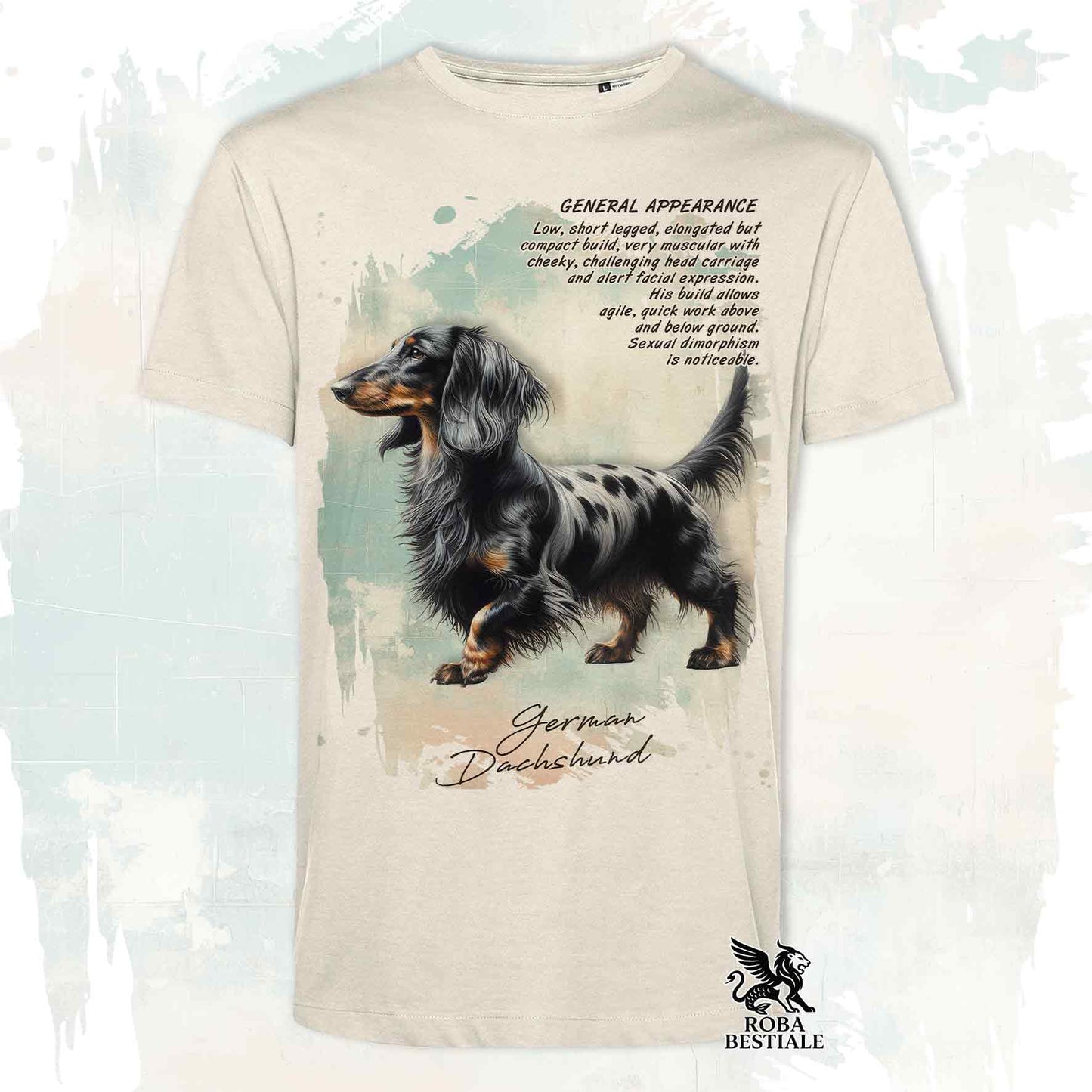 T-Shirt APPEARANCE - Long-Haired Dachshund Black Harlequin - White or Beige, Men's or Women's - from XS to 5XL