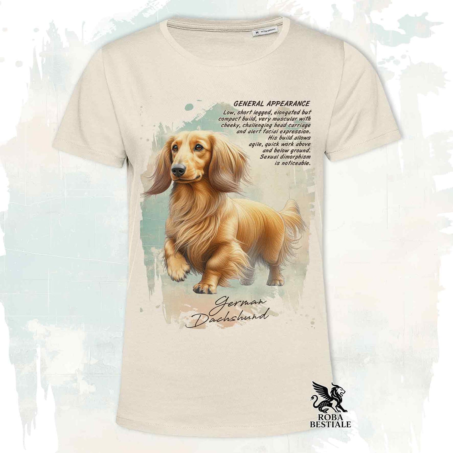 T-Shirt APPEARANCE - Long-Haired Red Dachshund - White or Beige, Men's or Women's - from XS to 5XL