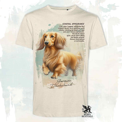 T-Shirt APPEARANCE - Long-Haired Red Dachshund - White or Beige, Men's or Women's - from XS to 5XL