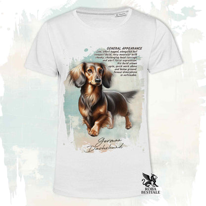 T-Shirt APPEARANCE - Long-haired Dachshund Brown and Tan - White or Beige, Men's or Women's - from XS to 5XL