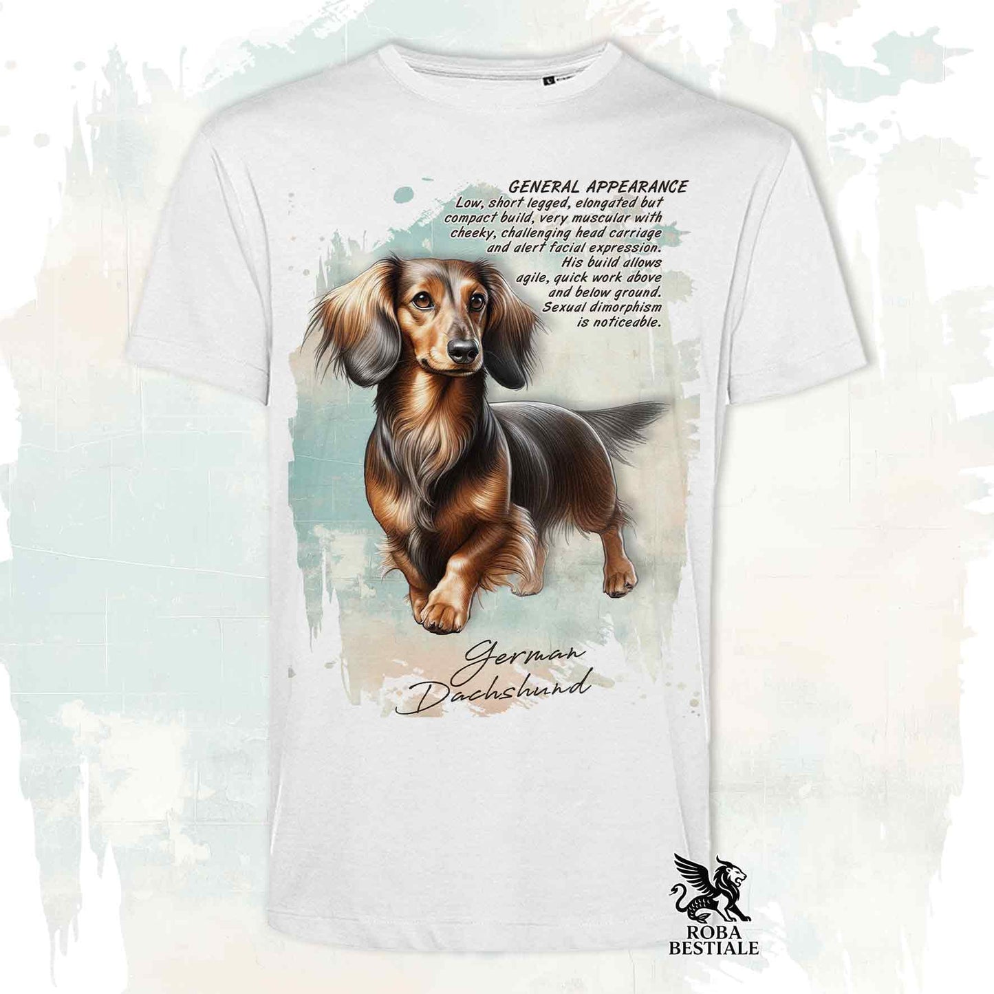 T-Shirt APPEARANCE - Long-haired Dachshund Brown and Tan - White or Beige, Men's or Women's - from XS to 5XL