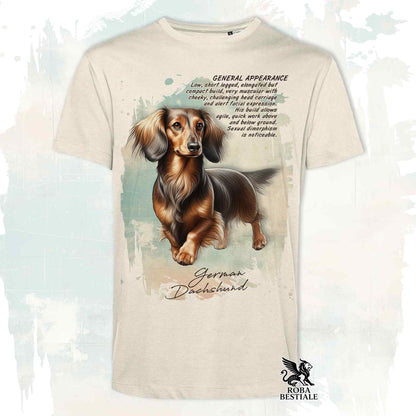 T-Shirt APPEARANCE - Long-haired Dachshund Brown and Tan - White or Beige, Men's or Women's - from XS to 5XL