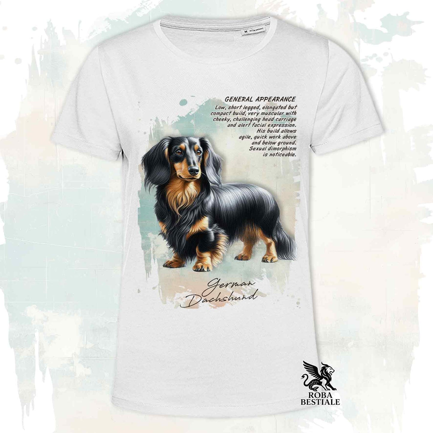 T-Shirt APPEARANCE - Long-haired Black and Tan Dachshund - White or Beige, Men's or Women's - from XS to 5XL