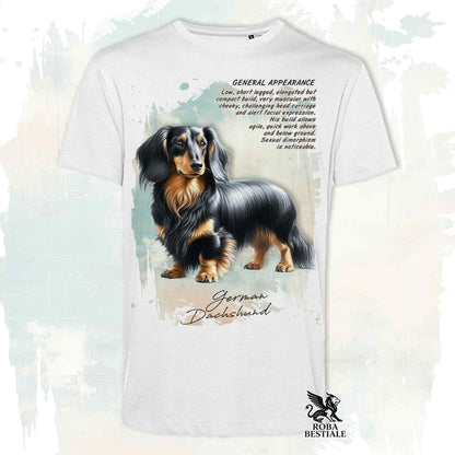 T-Shirt APPEARANCE - Long-haired Black and Tan Dachshund - White or Beige, Men's or Women's - from XS to 5XL