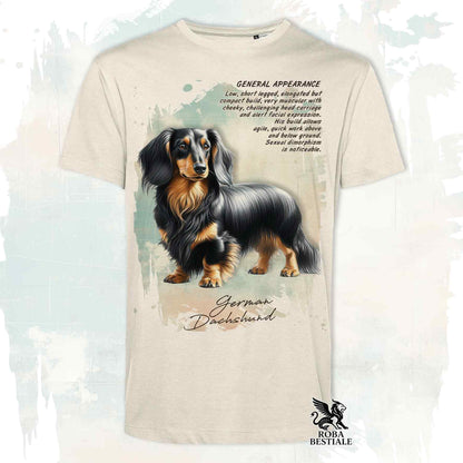 T-Shirt APPEARANCE - Long-haired Black and Tan Dachshund - White or Beige, Men's or Women's - from XS to 5XL