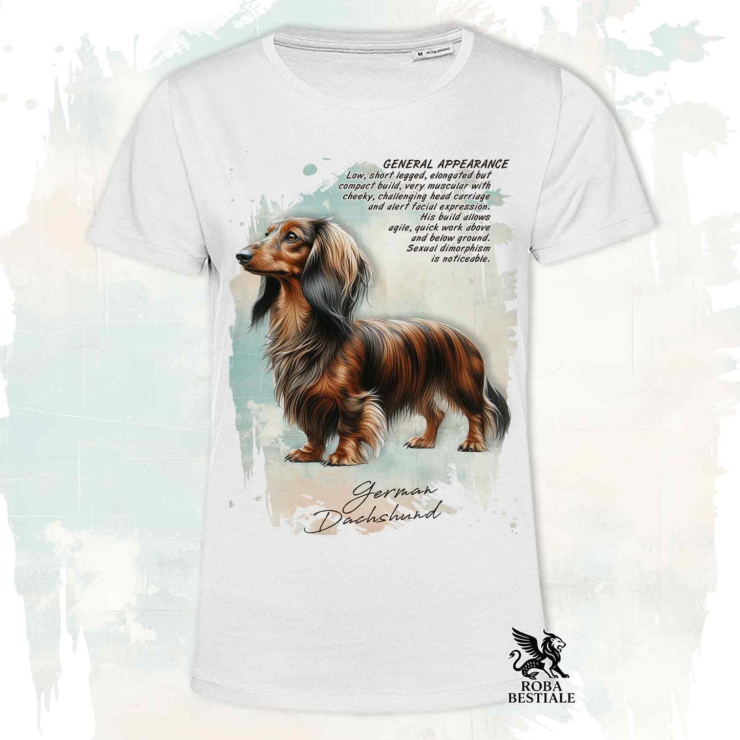 T-Shirt APPEARANCE - BASSOTTO a Pelo Lungo Tigrato - Bianca o Beige, da Uomo o da Donna - dalla XS alla 5XL