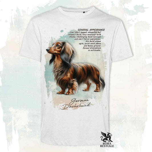 T-Shirt APPEARANCE - BASSOTTO a Pelo Lungo Tigrato - Bianca o Beige, da Uomo o da Donna - dalla XS alla 5XL