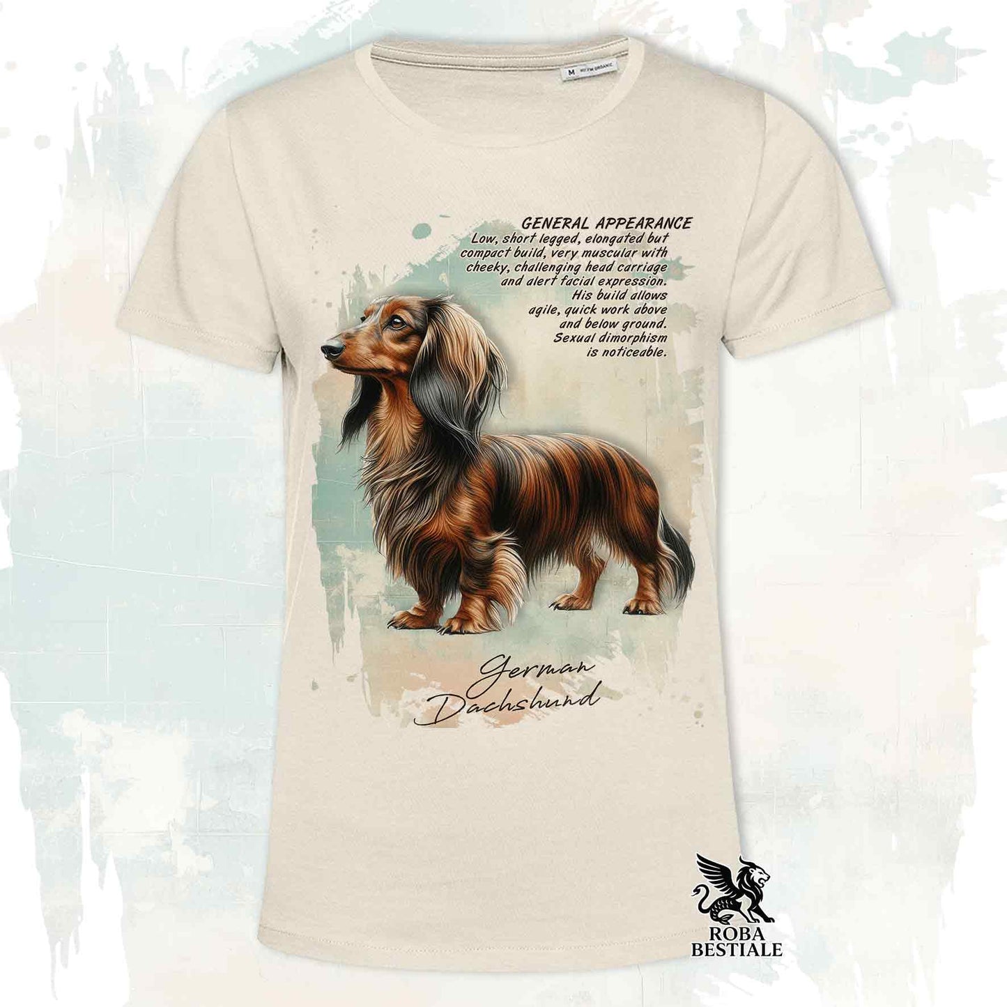 T-Shirt APPEARANCE - BASSOTTO a Pelo Lungo Tigrato - Bianca o Beige, da Uomo o da Donna - dalla XS alla 5XL