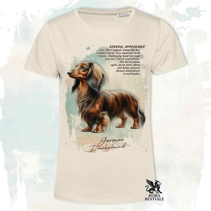 T-Shirt APPEARANCE - BASSOTTO a Pelo Lungo Tigrato - Bianca o Beige, da Uomo o da Donna - dalla XS alla 5XL