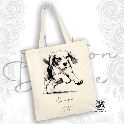 Tote Bag ACTION DOODLE - BEAGLE - 100% Cotone - Bianca o Beige