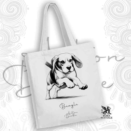 Tote Bag ACTION DOODLE - BEAGLE - 100% Cotone - Bianca o Beige