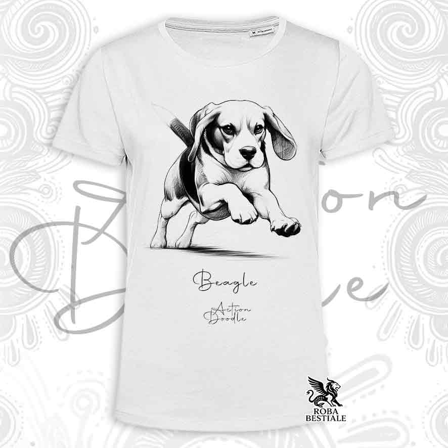 T-Shirt ACTION DOODLE - BEAGLE - Bianca o Beige, da Uomo o da Donna - dalla XS alla 5XL