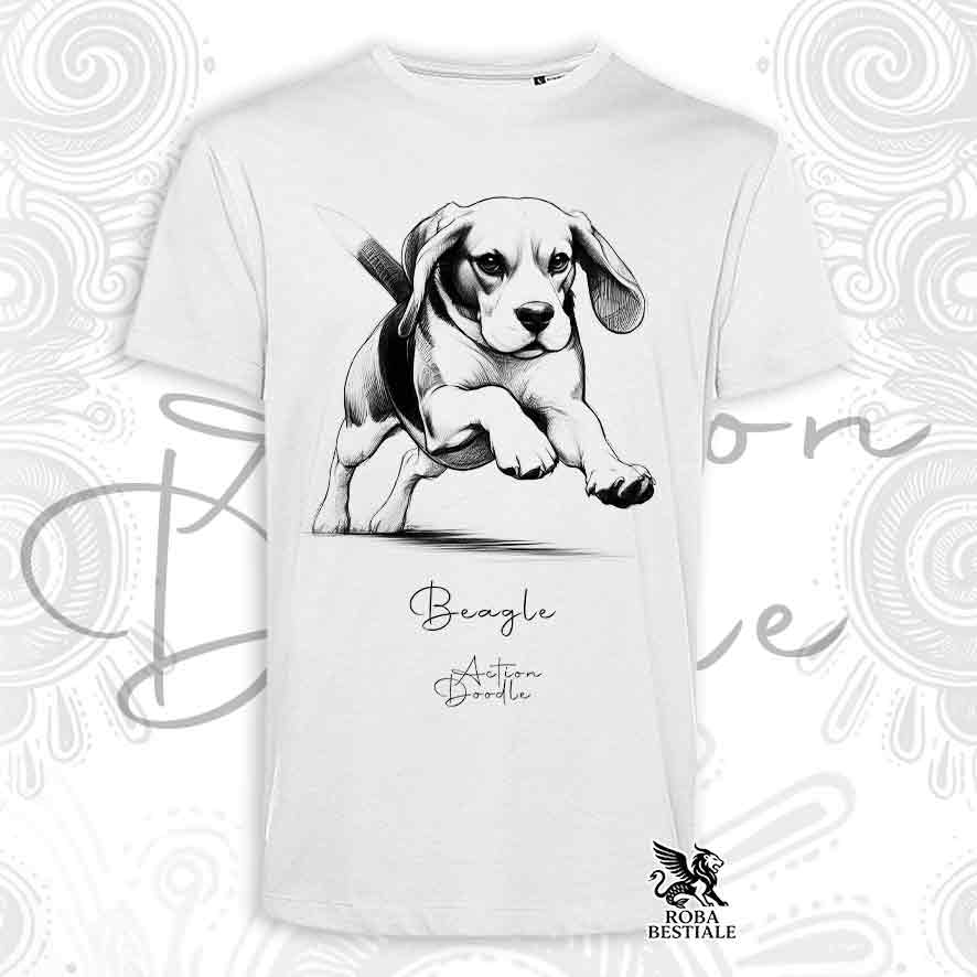 T-Shirt ACTION DOODLE - BEAGLE - Bianca o Beige, da Uomo o da Donna - dalla XS alla 5XL