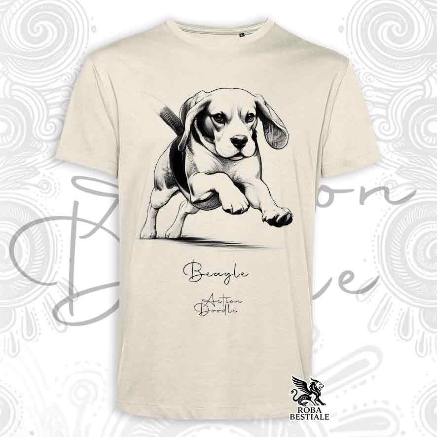 T-Shirt ACTION DOODLE - BEAGLE - Bianca o Beige, da Uomo o da Donna - dalla XS alla 5XL