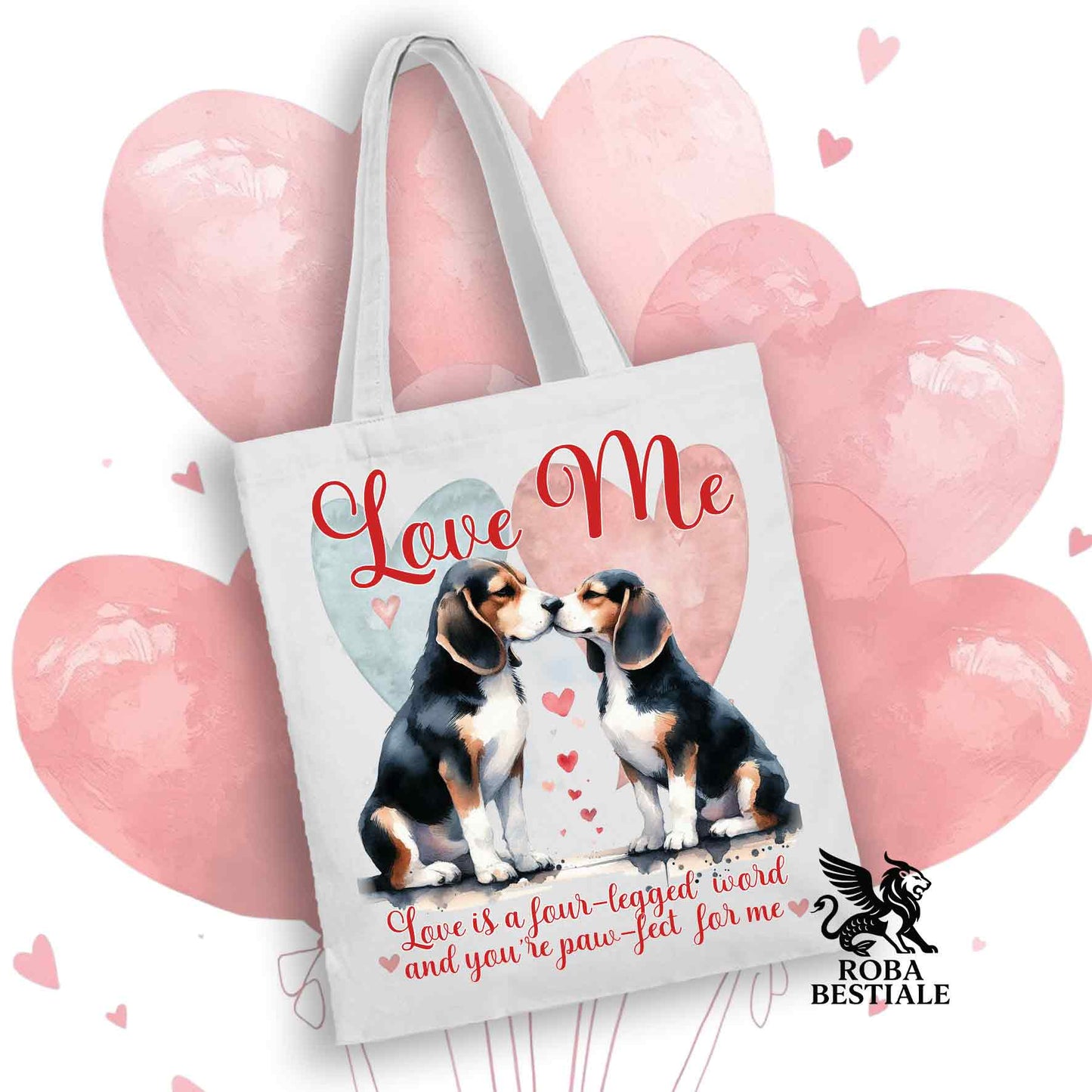 Tote Bag LOVE ME - BEAGLE Tricolore Nero - 100% Cotone - Bianca o Beige