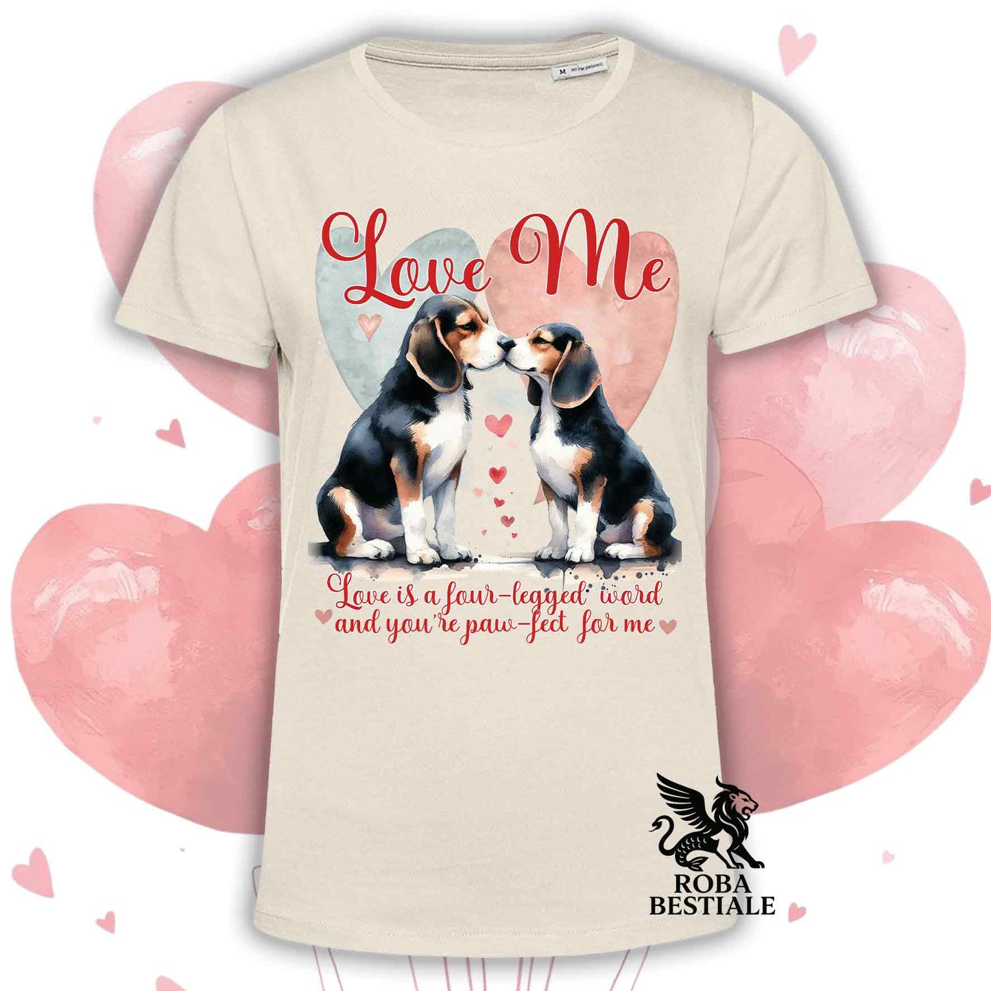 T-shirt LOVE ME - BEAGLE Tricolore Nero - Bianca o Beige, Uomo o Donna - dalla XS alla 5XL