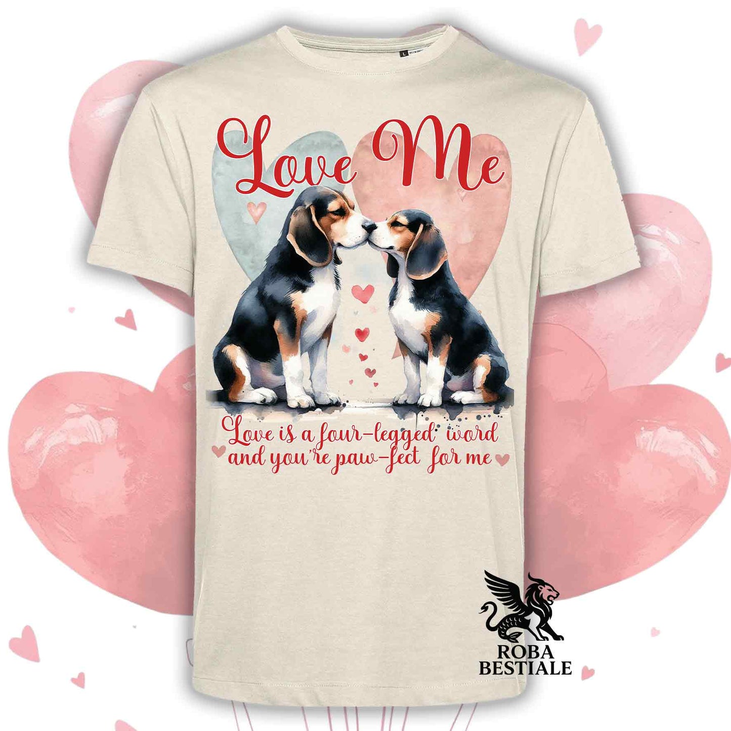 T-shirt LOVE ME - BEAGLE Tricolore Nero - Bianca o Beige, Uomo o Donna - dalla XS alla 5XL