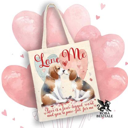 Tote Bag LOVE ME - BEAGLE Tricolore Blue - 100% Cotone - Bianca o Beige