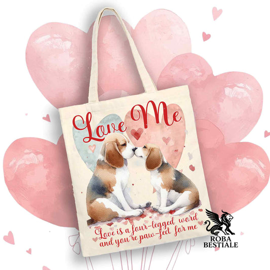 Tote Bag LOVE ME - BEAGLE Tricolore Blue - 100% Cotone - Bianca o Beige