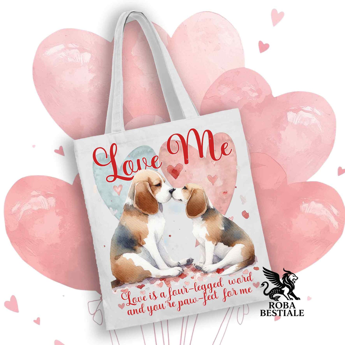 Tote Bag LOVE ME - BEAGLE Tricolore Blue - 100% Cotone - Bianca o Beige