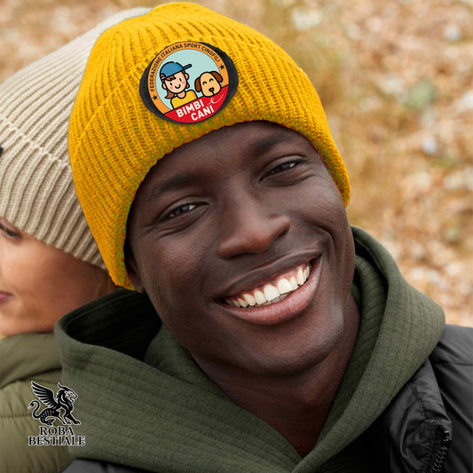 Beanie BIMBI e CANI - Cappellino Invernale - Caldo e morbido - Giallo, con logo