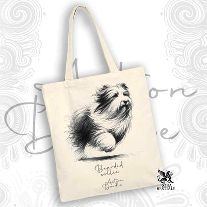 Tote Bag ACTION DOODLE - BEARDED COLLIE - 100% Cotone - Bianca o Beige