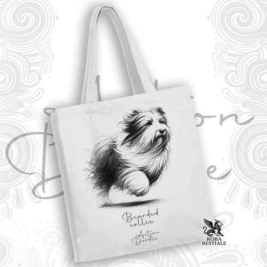 Tote Bag ACTION DOODLE - BEARDED COLLIE - 100% Cotone - Bianca o Beige