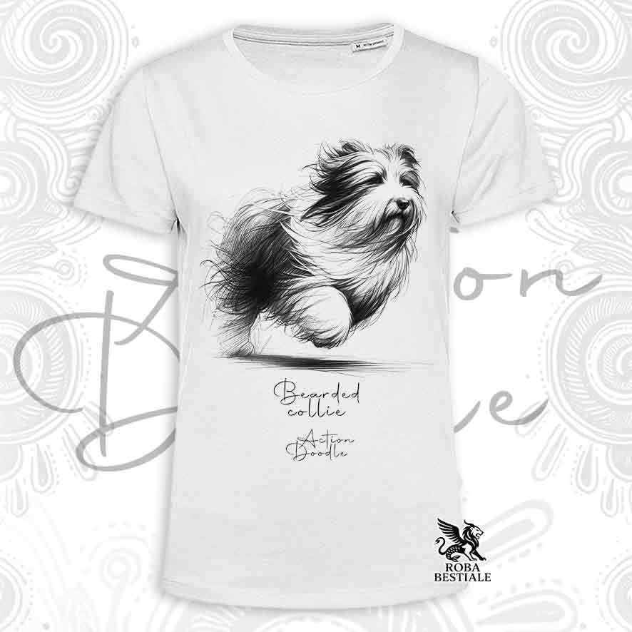 T-Shirt ACTION DOODLE - BEARDED COLLIE - Bianca o Beige, da Uomo o da Donna - dalla XS alla 5XL