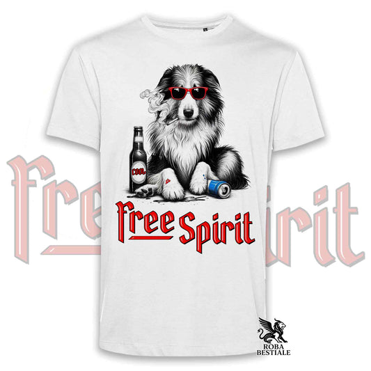 T-Shirt FREE SPIRIT - BEARDED COLLIE - Bianca o Beige, da Uomo o da Donna - dalla XS alla 5XL
