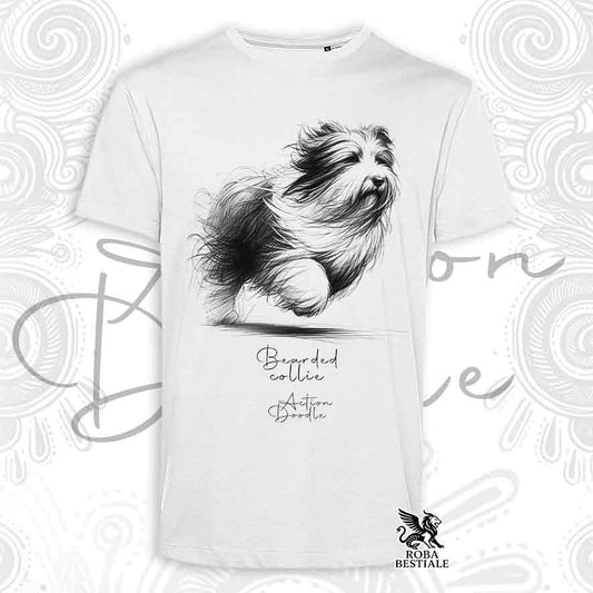 T-Shirt ACTION DOODLE - BEARDED COLLIE - Bianca o Beige, da Uomo o da Donna - dalla XS alla 5XL