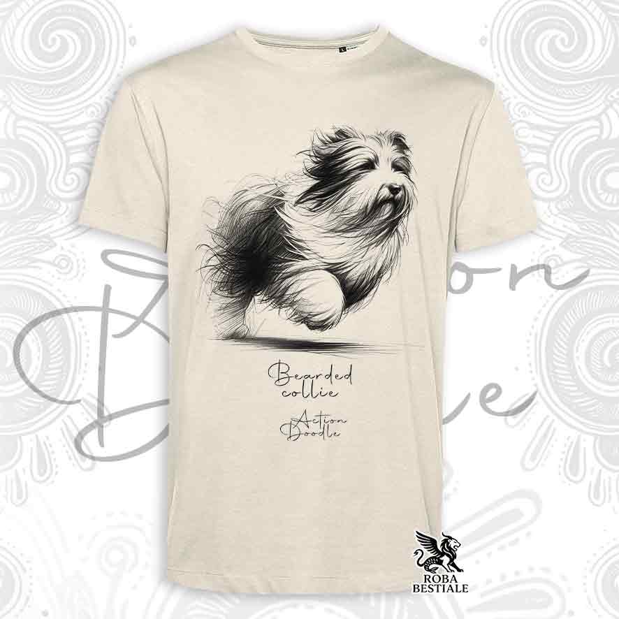 T-Shirt ACTION DOODLE - BEARDED COLLIE - Bianca o Beige, da Uomo o da Donna - dalla XS alla 5XL
