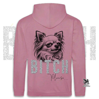 Felpa BI**H, PLEASE - CHIHUHUA a Pelo Lungo Bianco - Con Cappuccio e Tasconi, Unisex, in tanti colori - dalla XS alla 5XL