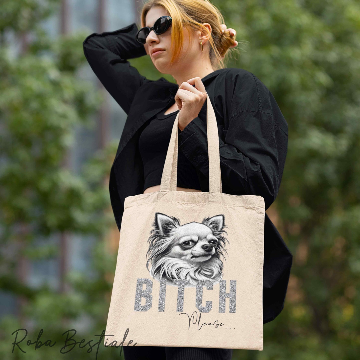 Shopper BI**H, PLEASE - CHIHUAHUA a Pelo Lungo Bianco - dettagli GLITTER - Diversi colori disponibili, 100% Cotone