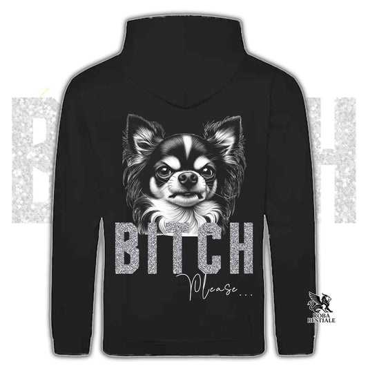 Felpa BI**H, PLEASE - CHIHUHUA a Pelo Lungo Bicolore - Con Cappuccio e Tasconi, Unisex, in tanti colori - dalla XS alla 5XL