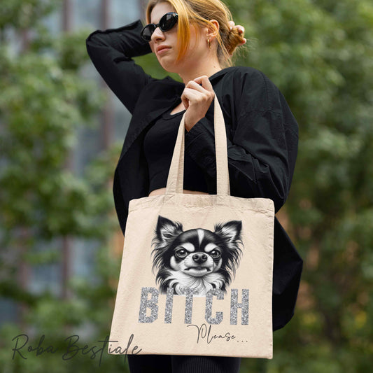 Shopper BI**H, PLEASE - CHIHUAHUA a Pelo Lungo Bicolore - dettagli GLITTER - Diversi colori disponibili, 100% Cotone