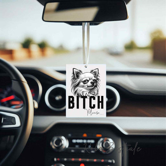 Deodorante Auto BI**H, PLEASE - CHIHUAHUA a Pelo Lungo Bianco - In Feltro, con cordino - 7,5 x 10 cm