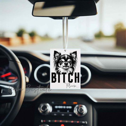 Deodorante Auto BI**H, PLEASE - CHIHUAHUA a Pelo Lungo Bicolore - In Feltro, con cordino - 7,5 x 10 cm