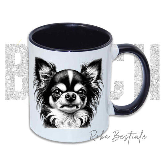 Tazza BI**H, PLEASE - CHIHUAHUA a Pelo Lungo Bicolore - In Ceramica, con manico e interno colorato - 330 ml