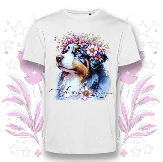 T-Shirt BLOSSOM BEAUTY - AUSTRALIAN SHEPHERD Blue Merle - Bianca, Uomo o Donna - dalla XS alla 5XL