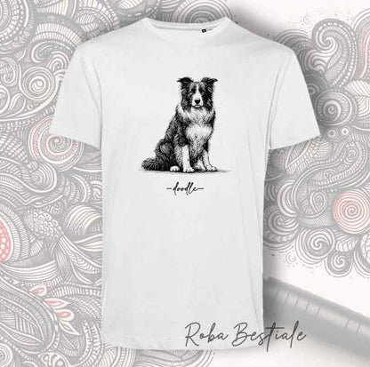 T-Shirt DOODLE - BORDER COLLIE Bianco e Nero- Bianca, Uomo o Donna - dalla XS alla 5XL