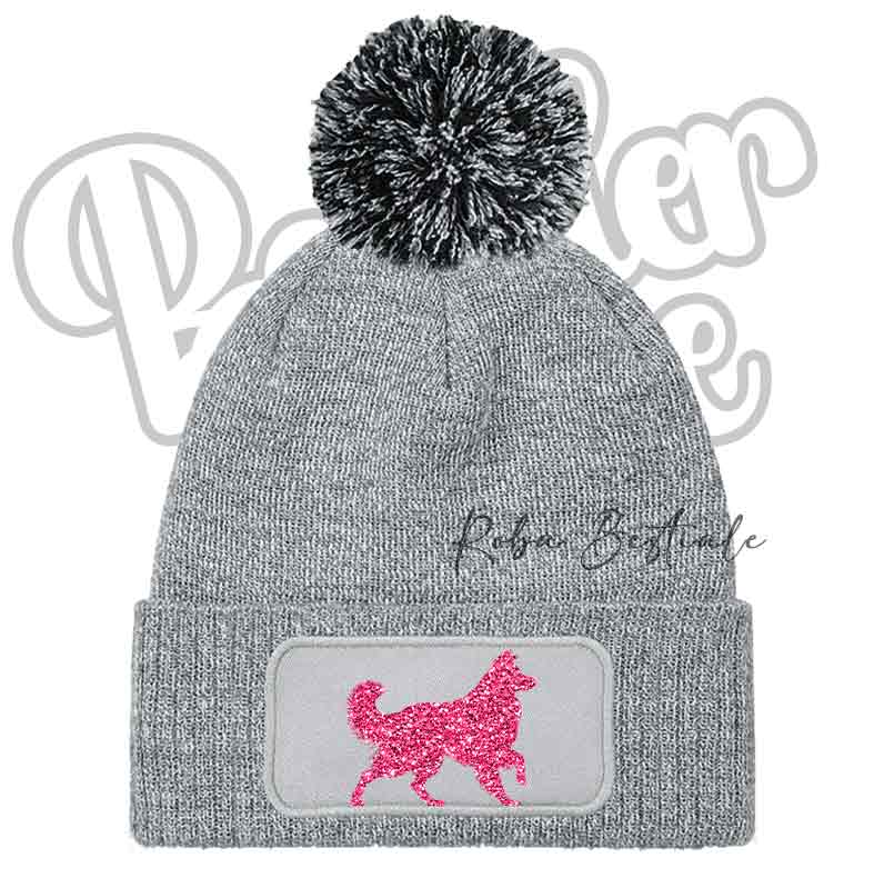 Cappellino invernale grigio con pon pon nero e toppa cane fucsia