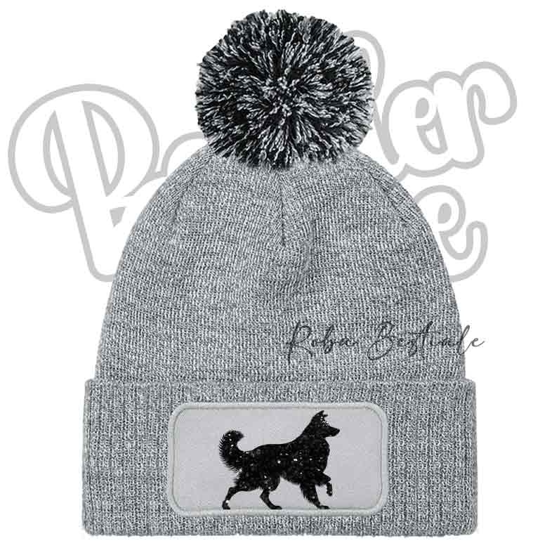 Cappellino invernale grigio con pon pon nero e toppa cane nero
