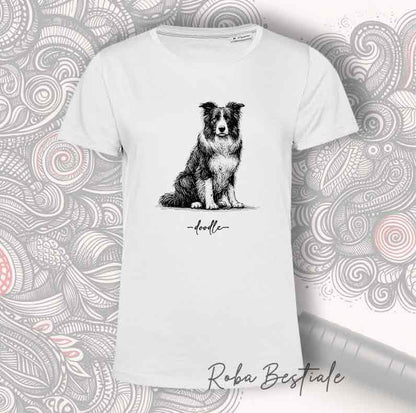 T-Shirt DOODLE - BORDER COLLIE Bianco e Nero- Bianca, Uomo o Donna - dalla XS alla 5XL