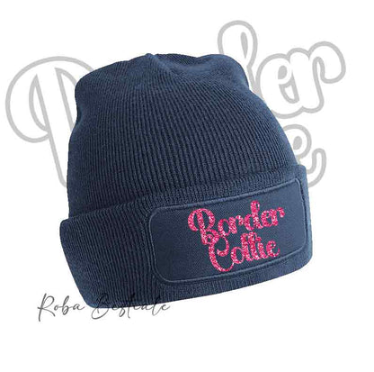 Cappellino invernale blu navy con patch “Border Collie” rosa